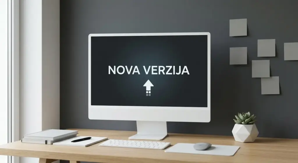 Računalni monitor na drvenom stolu prikazuje natpis "NOVA VERZIJA" i ikonu strelice prema gore, u uredu sa sivim zidom na kojem su pričvršćeni papirići