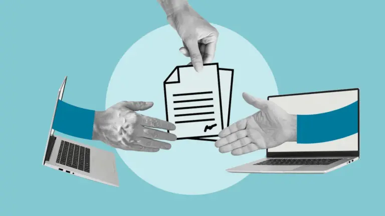 Grafički prikaz dvosmjerne digitalne komunikacije s dva prijenosna računala, rukama u pokretu i dokumentima koji simboliziraju integriranu e-naplatu